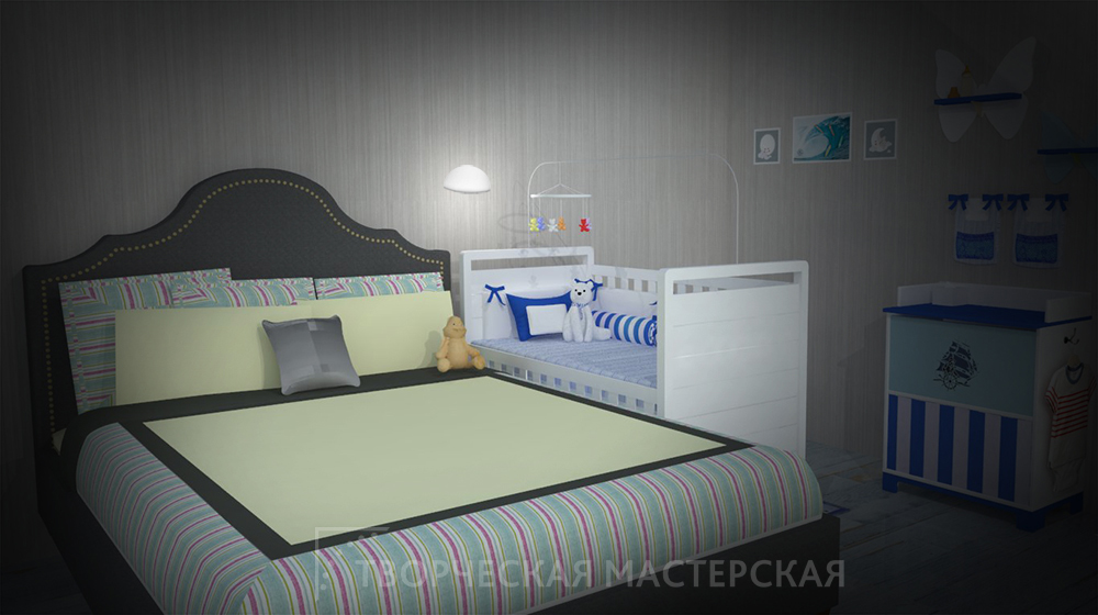 Детская кроватка рядом с спальным местом родителей